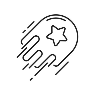 Başlangıçta yanan uzay aracı, uzay gemisi, satışın başlangıcı, ince çizgi simgesi. Yıldızlı vektör yıldız roketi girişi, ödül özel ikramiyesi