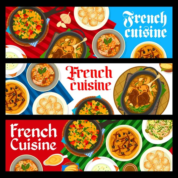 Γαλλικά Εστιατόρια Γεύματα Διάνυσμα Πανό Ντόνατς Σούπα Θαλασσινών Bouillabaisse Και — Διανυσματικό Αρχείο