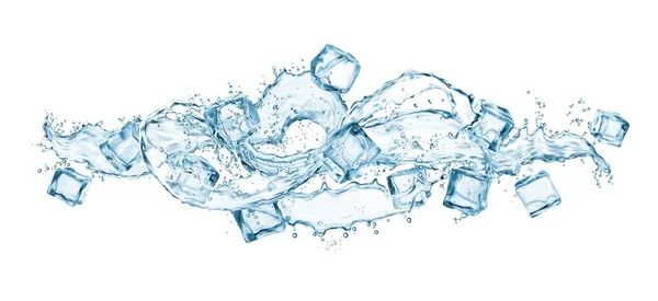 凍結氷のキューブと水波スプラッシュ 透明な青い冷たい飲料水のベクトル現実的なキューブ 明確な液体の渦巻き 滴と泡と氷の結晶の孤立した固体正方形 — ストックベクタ
