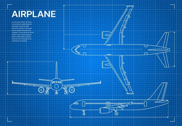 飞机平面图或飞机设计图 矢量航空业 具有侧视图和顶部视图的平面喷气式平面图 蓝色印刷轮廓线的飞机技术方案 — 图库矢量图片