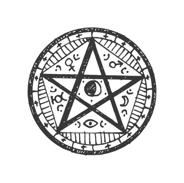 月と密教と占星術の神秘的な兆候は 魔術の神聖な兆候 五角形の星とベクトル儀式サークル 部族のオカルト ルーンとチャクラのシンボル — ストックベクタ