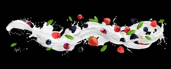 Milchwelle Mit Beeren Bespritzen Isolierte Vektor Realistischen Milchjoghurt Oder Sahne — Stockvektor