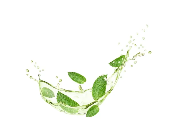 Onda Salpicos Chá Ervas Verdes Com Folhas Hortelã Gotas Caindo — Vetor de Stock