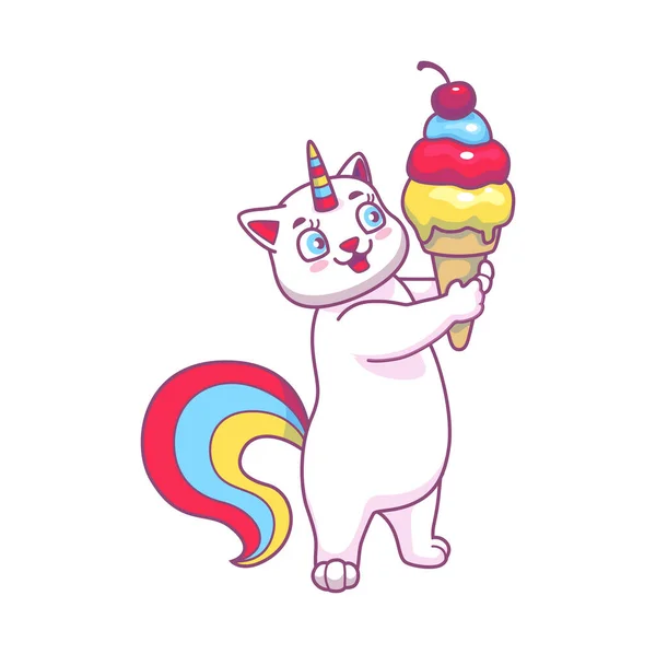 Cute Caticorn Character Ice Cream Fairytale Unicorn Cat Kawaii Caticorn — Stock Vector