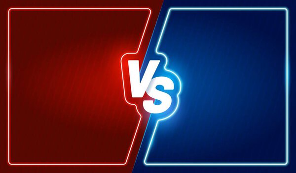 Neon versus battle frame of vector sport game competition, match, challenge or boxing fight. Blue and red team or fighters VS battle screen, versus background with glowing light borders for duel theme