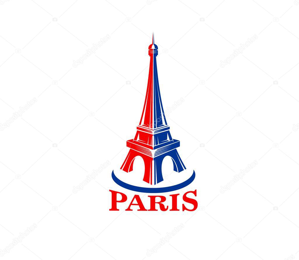 Paris Eiffel tower icon. France historic landmark, European travel building or French vacation tourism architecture vector emblem. Paris romantic journey Eiffel tower symbol or sign