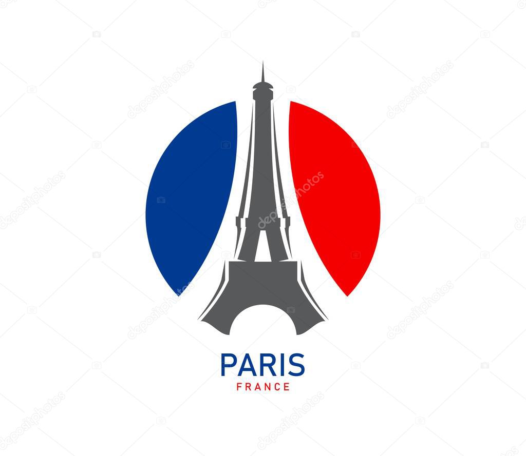 Paris Eiffel tower on France flag icon, French travel landmark, vector symbol. Paris Eiffel tower emblem for French fashion store, restaurant or premium brand clothing store label and Parisian culture