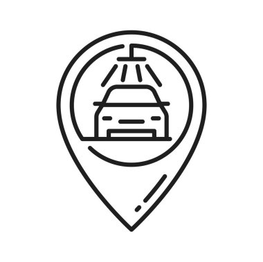 Araba deterjanı, araç temizliği ve izole edilmiş dış hatları yıkama ikonu. Vektör temiz otomobil, sprey temizleyici ince hat, otomatik bakım