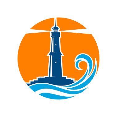 Deniz feneri ya da deniz feneri yön bulma ikonu. Mavi su dalgaları, projektör ışığı ve turuncu güneşli deniz kıyısı güvenlik binasının sembolü.