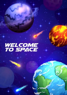 Galaksi gezegenleri, yıldızlar ve ateş asteroitleriyle dolu karikatür uzay manzarası. Fütürist evrenin yıldızlı gece gökyüzünde. Uzay yolculuğu ve astronomi bilimi arka planında fantezi gezegenler ve Dünya