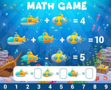 Matematik oyunu karikatürü sualtı denizaltı ve batiskafa vektör çalışma tablosu. Çocukların eğitimi ve aritmetik denklemleri için matematik bilmecesi. Hesaplama becerilerinin geliştirilmesi, bulmaca görevi