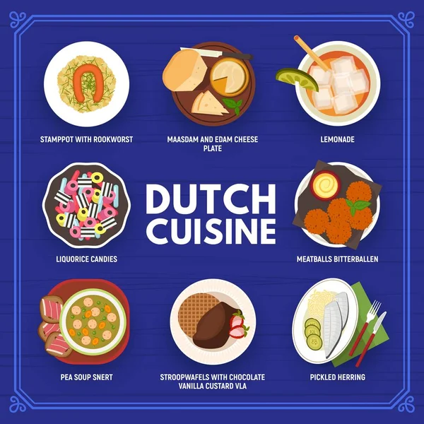 Dutch Cuisine Menu Food Netherlands Stamppot Stroopwafel Bitterballen Vector Dutch — Stock Vector