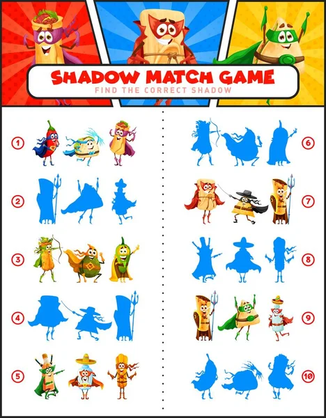 Shadow Match Spel Mexicaans Eten Superheld Personages Retro Strips Kinderen — Stockvector