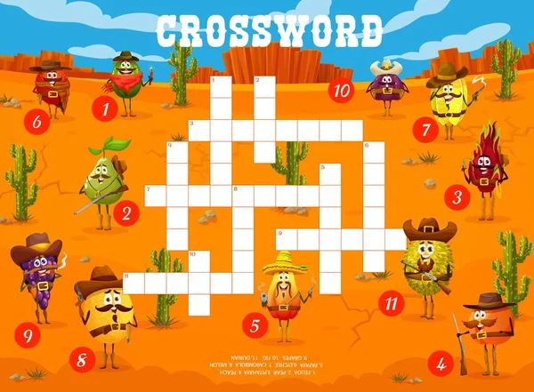 Crossword Frågesport Spel Tecknad Västra Cowboy Sheriff Och Skogvaktare Frukt — Stock vektor