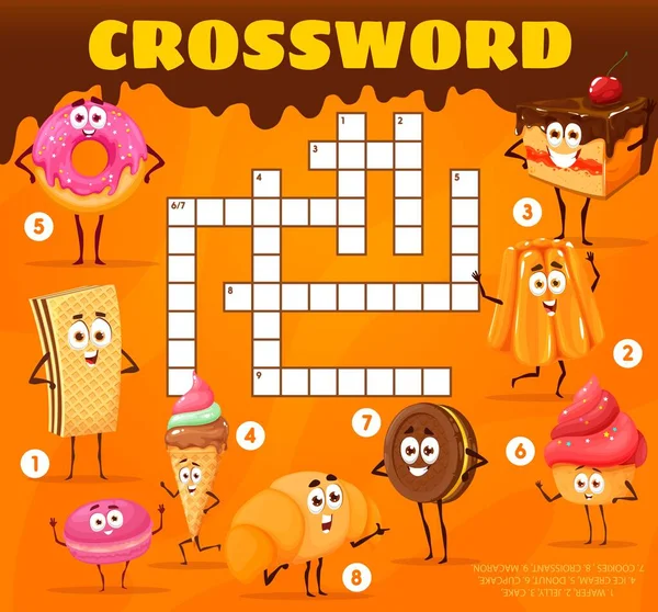 Kreuzworträtsel Cartoon Bäckerei Süßigkeiten Und Desserts Charaktere Vektor Quizspiel Kreuzworträtsel — Stockvektor