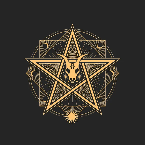 ヤギの頭蓋骨 オクタグラム 三日月 月や魔法のタロットカードの星のシンボルを持つ密教とオカルトPentagramの ベクトル魔術や錬金術の記号 精神的な紋章 孤立した魔術や異教のお守り — ストックベクタ