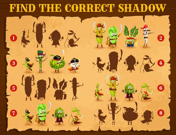 Cartoon Zelenina Piráti Korzáři Najít Správnou Stínovou Hru Odpovídající Puzzle — Stockový vektor