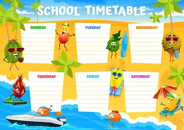 Education Timetable Cartoon Fruits Characters Summer Beach Kids Vector Time — Stock Vector