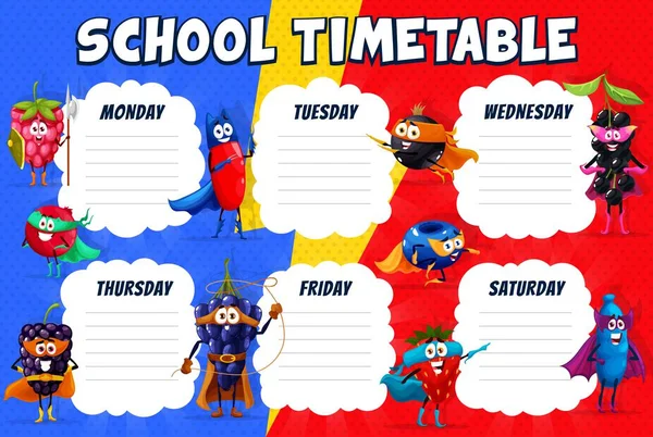 Timetable Schedule Cartoon Superhero Berry Characters Education School Time Table — Stock Vector