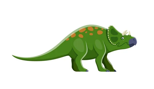 漫画アヴァケラトプス恐竜のキャラクター 絶滅動物 角と首のフリルを持つジュラ紀の漫画緑の恐竜 先史時代の生物分離された草食動物の爬虫類分離されたベクターの人格 — ストックベクタ