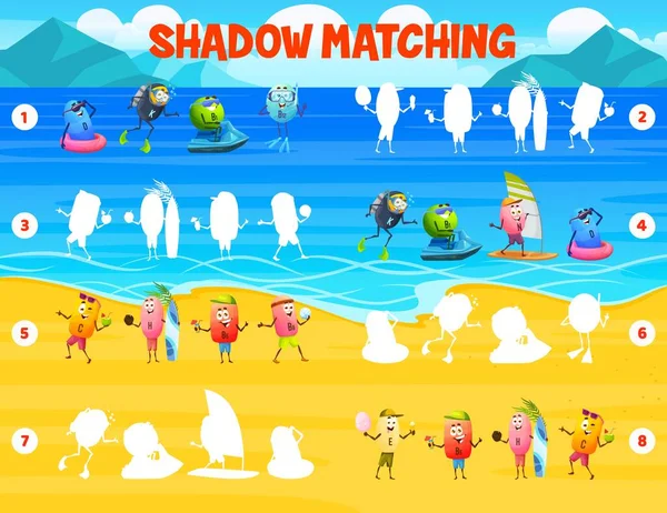 Stín Odpovídající Hra Kreslený Vitamin Postavy Letní Pláži Dětská Vektorová — Stockový vektor