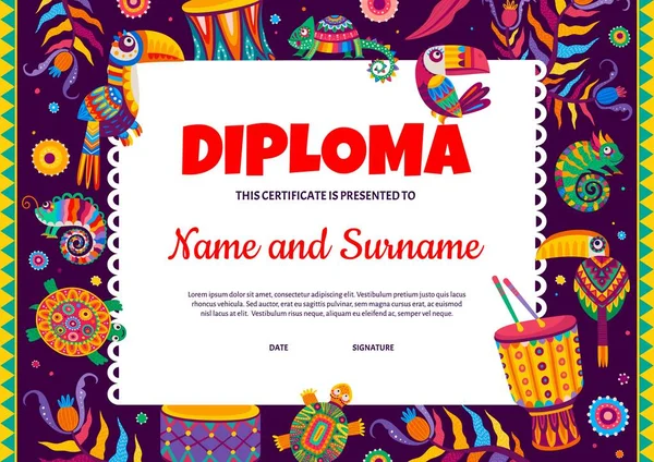 Diploma Infantil Con Tambores Brasileños Tucanes Loros Camaleones Mexicanos Tortugas — Vector de stock
