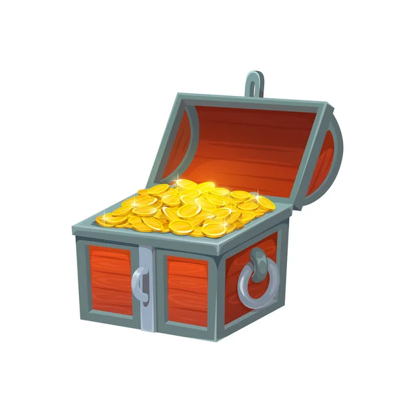 黄金のコイン 海賊の戦利品とベクトル木製のトランクで宝箱を開きます 隔離された漫画ボックス Uiゲーム資産 金のトロフィーとオープンコーヒー 古代の王室のお金のケース 財務省と装飾された箱 — ストックベクタ