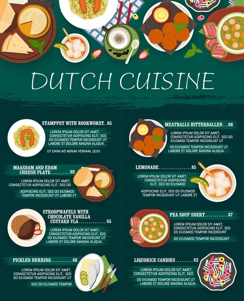Dutch Cuisine Menu Netherlands Food Dishes Vector Bitterballen Stamppot Stroopwafel — Stock Vector