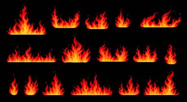 Cartoon fire flames, bonfire and burning firewall, vector icons. Wildfire red hot flames of campfire or furnace hearth burning and torch light blaze, fireball symbols and burning firewall effect clipart