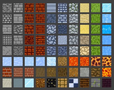 Pikselli sanat oyunu fayanssız kalıpları, vektör retro 8 bit yüzey dokusu arkaplanı. Oyun düzeyi için taş, tuğla veya ateş lavı, çimen ve kum çölü veya beton blok dokusu döşemeleri