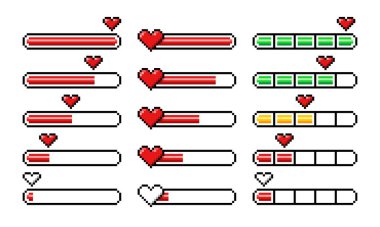 Piksel kalp yükleme çubukları, 8 bit atari salonu varlıkları ve yaşam durumu, vektör destek simgeleri. Piksel kalp ilerleme çubuğunu sarı yarısıyla yüklüyor, yeşil dolu ve kırmızı boş yaşam ve enerji sayacı