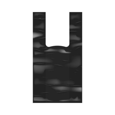 Plastik paket modeli, izole edilmiş 3d vektör siyah market alışveriş yeleği, kulplu, tek kullanımlık ürün paketleme modeli, kimlik ya da markalaşma şablonu beyaz arka planda izole edilmiş