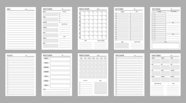 Planlayıcı sayfa şablonları. Okul veya üniversite eğitimi günlük düzenleyici kontrol listesi, zaman yönetimi aylık takvimi veya vektör zaman çizelgesi, görev organizasyonu haftalık planlama şablonu, yapılacak iş listesi