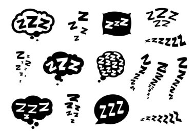 Zzz, Zzzz karalama yatak uykusu ve şekerleme vektörü Z ses simgelerinin ikonları. Uyuyan bulut kabarcıkları ve uyku tulumları veya alarmlı saat Zzz iyi geceler uykusu ve uyku yüz ifadesi için karalama sembolleri