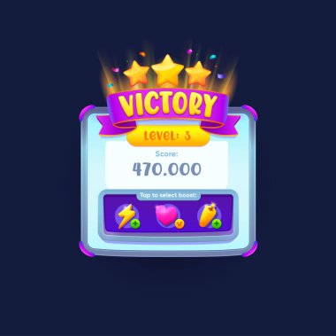 Oyun zafer işareti, pankart ya da açılır pencere. Altın yıldızlı, varlıklı ve mor kurdeleli vektör ödülü. Kazanan kutlama başarı ödülü ikramiyesi. Takdir amblemi, başarı kutlama etiketi