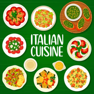 İtalyan mutfağı menü kapağı şablonu. Domatesli mozzarella salatası Caprese, Pesto soslu Crostini ve Carpaccio bifteği, Sezar, Caponata ve füme balıklı makarna salatası, tavuk salatası, doldurulmuş enginar.