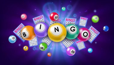 Bingo lottery balls and tickets. Jackpot win, gambling lottery and fortune chance, casino lotto, luck opportunity realistic vector background. Gamble lucky bet 3d backdrop with flying bingo balls clipart
