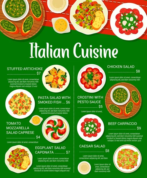 Italská Kuchyně Restaurace Stravování Menu Plněný Artyčok Kuře Caesar Caponata — Stockový vektor