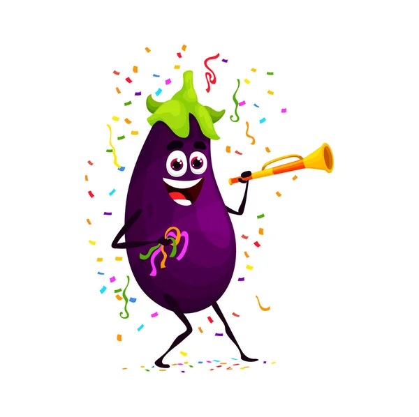Cartoon funny eggplant vegetable character on birthday, anniversary holiday. Birthday party cheerful character, holiday greeting or anniversary event cute vector personage or comical mascot with horn