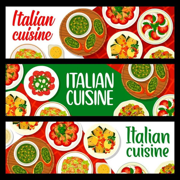 Italská Kuchyně Bannery Jídlem Crostini Omáčkou Pesto Caesarem Těstovinovým Salátem — Stockový vektor