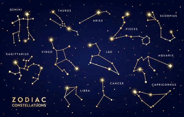 Constelaciones Del Zodiaco Dorado Vector Oro Brillante Géminis Tauro Aries — Vector de stock
