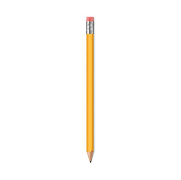Realistic pencil, isolated vector yellow wooden writing tool with rubber eraser. Sharpened detailed office stationery mockup, school instrument. Creativity, idea, education and design symbol
