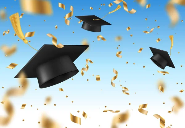 Studenten Caps Met Gouden Confetti College Academie Schoolonderwijs Vector Achtergrond — Stockvector