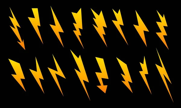 黄色の光フレアとフラッシュ効果 稲妻の絶縁ベクトルセット 高電圧矢印記号 損傷の警告 増加注意シンボル 雷のエネルギー 電気雷の紋章 — ストックベクタ