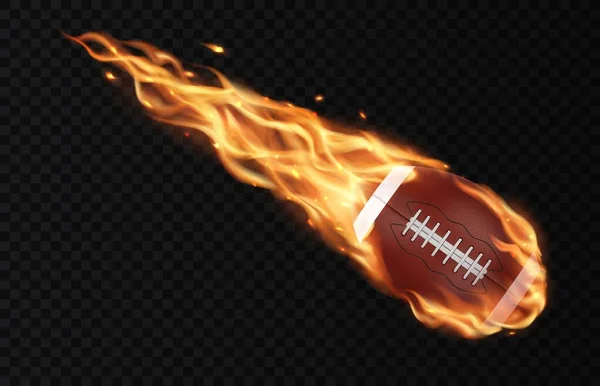炎の歩道 ベクトルスポーツゲームの背景とアメリカのサッカーボールを飛んで 火の炎の中を飛ぶアメリカンフットボールやサッカーのラグビーボール 透明な黒の速度の動きで燃える火の玉 — ストックベクタ
