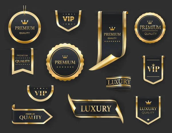 Golden Luxury Labels Banners Gold Premium Quality Certificate Ribbons Vector — Stock Vector