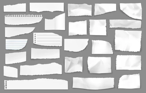 白い紙が裂けた 紙の片屑 線とパフォーマンスを持つベクトルブランクノート スパイラルの穴が付いているギザギザのテクスチャメモシート 隔離された現実的な3Dしわ ノートブックの破片セット — ストックベクタ