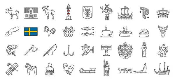 Sweden Line Lineart Outline Icons Swedish History Food Landmarks Symbols — Stock Vector