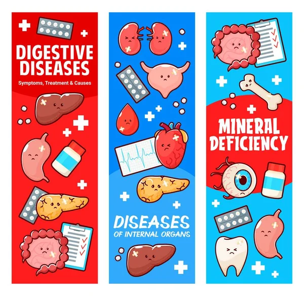 Sick Human Body Organ Characters Digestive Diseases Vector Banners Heart — Stock Vector