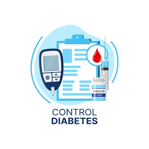 Diabeteskontroll Ikon Med Vektor Insulin Injektionsspruta Blodsocker Eller Glukosnivå Mätanordning — Stock vektor